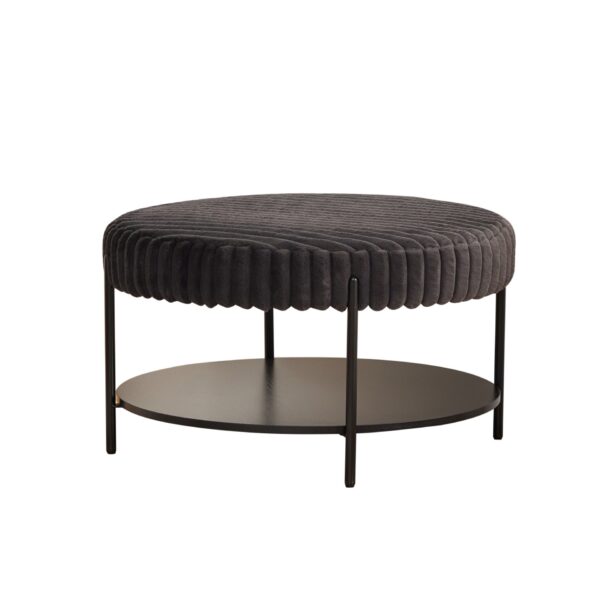 Upholstered Round Ottoman Coffee Table Foot Rest With Metal Legs And Wooden Open Storage Shelf - Charcoal