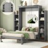 Full Size Murphy Wall Bed With Shelves And LED Lights - Gray - Image 14