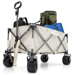 Folding Wagon, Heavy Duty Utility Beach Wagon Cart For Sand With Big Wheels, Adjustable Handle & Drink Holders For Shopping, Camping, Garden And Outdoor - Antique White / Gray