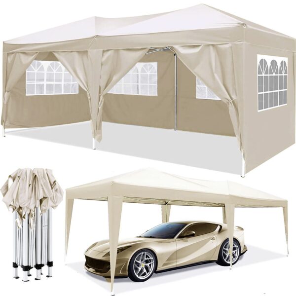 10'X20' Ez Pop Up Canopy Outdoor Portable Party Folding Tent With 6 Removable Sidewalls + Carry Bag + 4 Pieces Weight Bag - Beige