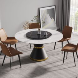 59.05" Modern Artificial Stone Round Carbon Steel Base Dining Table, Black Artificial Stone Turntable - White / Black