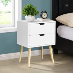 Mid Century Modern Side Table With 2 Drawers And Rubber Wood Legs - White