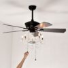 52" Crystal Shade Ceiling Fan Lamp, 3 Speed, 4 Timing, 5 Reversible Blades Crystal Ceiling Fan, 5 Pieces X E12 (No Include Bulb), Hand Pull Chain - Matte Black - Image 13