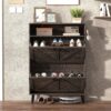 Farmhouse Shoe Storage Cabinet With Barn Door Design, 2 Flip Drawers, Hooks - Dark Oak - Image 18