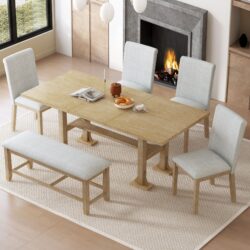 Topmax - 6 Piece Farmhouse Extendable Dining Table Set Trestle Kitchen Table Set With Removable Leaf And Upholstered Dining Chair And Bench For Dining Room - Natural