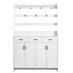 Minimalist 4 Door Shoe Cabinet With Coat Rack, Spacious Top, 3 Drawers, 8 Shelves, Metal Hooks And Handles For Hallway - White