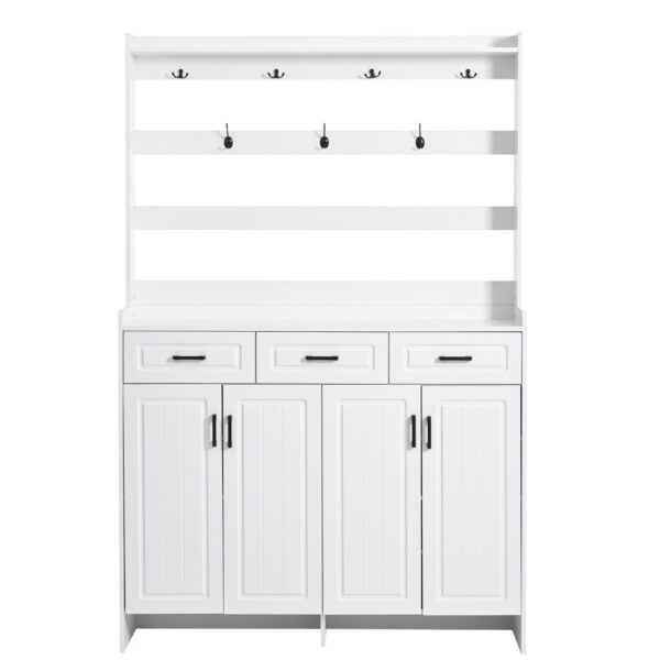 Minimalist 4 Door Shoe Cabinet With Coat Rack, Spacious Top, 3 Drawers, 8 Shelves, Metal Hooks And Handles For Hallway - White