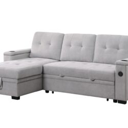 Ashlyn II - Woven Fabric Reversible Sleeper Sectional Sofa With Storage Chaise, Storage Arm, Cup Holder, Charging Ports, Side Pockets, and Pocket Coil Seating - Gray