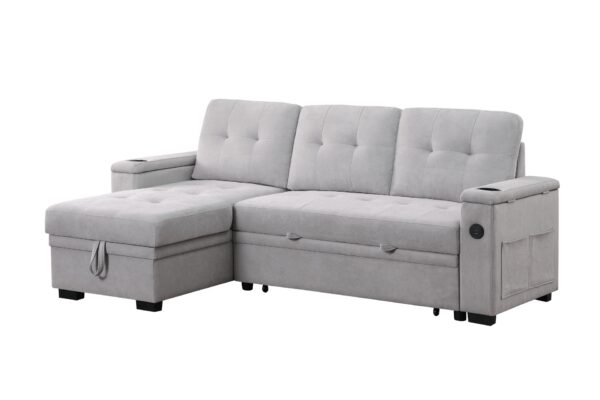 Ashlyn II - Woven Fabric Reversible Sleeper Sectional Sofa With Storage Chaise, Storage Arm, Cup Holder, Charging Ports, Side Pockets, and Pocket Coil Seating - Gray