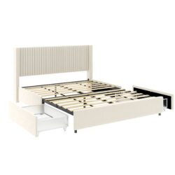 Anna - Queen Patented 2 Drawer Storage Bed, Upholstered Wingback - Ivory Velvet
