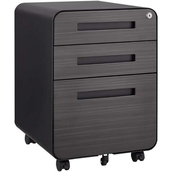 3 Drawer Mobile File Cabinet Under Desk Office, Simple Style Versatile Storage Cabinet, 5 Wheel Design Anti-Tilting Cold Rolled Steel Waterproof Moisture-Proof - Black