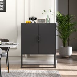 Heavy Duty Metal Buffet Sideboard Modern Steel Storage Cabinet With 2 Shelves, Free Standing Accent Cabinet With Magnetic Doors For Bedroom, Kitchen, And Home Office, Anti-Tip Design - Black