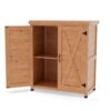 Rustic Cedar Potting Bench With Storage Cabinet And Metal Table Top For Outdoor Patio - Light Brown - Image 10