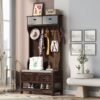 Hall Tree With 6 Hooks And Hinged Lid, Coat Hanger, Entryway Bench, Storage Bench, 3 In 1 Design, For Entrance, Hallway - Brown - Image 4