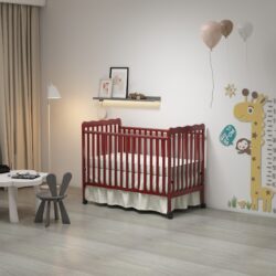 Crib 3 In 1 Convertible, Made Of Sustainable Pinewood, Non Toxic Finish, Comes With Locking Wheels, Wooden Nursery Furniture - Cherry