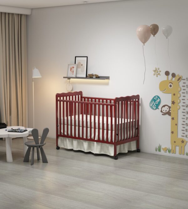 Crib 3 In 1 Convertible, Made Of Sustainable Pinewood, Non Toxic Finish, Comes With Locking Wheels, Wooden Nursery Furniture - Cherry