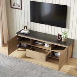 58" Modern TV Stand With LED Lights Entertainment Center TV Cabinet With Storage For Up To 80" For Gaming Living Room Bedroom - Natural Wood Wash