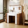 Elegant Vanity Table With Large Lighted Mirror & Power Outlet, Dressing Table With 7 Drawers & Shelves, Vanity Desk With Brown Solid Wood Style Stickers - Brown / White - Image 4
