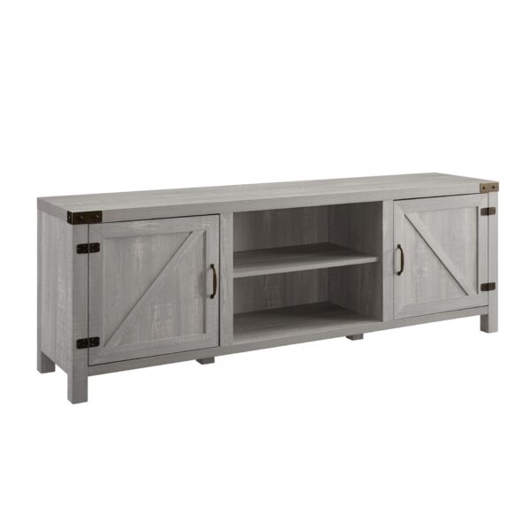 Rustic Farmhouse Double Barn Door 70" TV Stand For 80" TVs With Center Shelves - Stone Gray