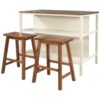 Solid Wood Rustic 3 Piece Stationary Kitchen Island Set With 2 Seatings, Rubber Wood Butcher Block Dining Table Set Prep Table Set With 2 Open Shelves For Small Places - Walnut / Cream White - Image 9