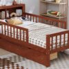 Twin Size Bed With Headboard Storage Rack, 2 Under Bed Drawers, 3 - Side Guardrails For Safety And Security - Walnut - Image 21