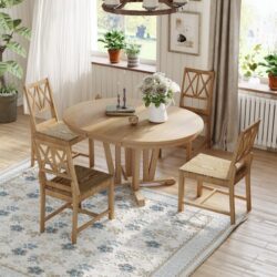 Topmax - 5 Piece Rustic Extendable Dining Table Set Round Trestle Table And 4 Cross Back Dining Chairs For Kitchen, Dining Room - Natural