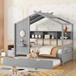 Twin Size House Bed With Trundle, Modern Design For Kids With Storage Shlef - Gray