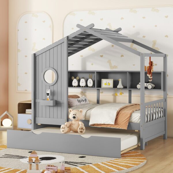 Twin Size House Bed With Trundle, Modern Design For Kids With Storage Shlef - Gray