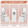 Small Vanity Desk With Mirror And Light, Dressing Table With Charging Station & Fold Up Panel For Small Space, Compact Makeup Vanity Set With Hidden Stool For Bedroom - White - Image 5