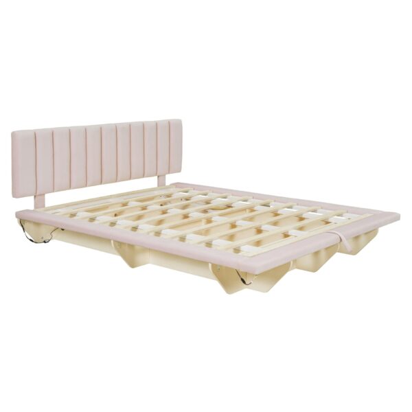 Queen Size Upholstered Hydrualic Platform Floating Bed With LED Light And USB Port - Pink
