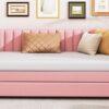 Upholstered Daybed With Trundle Twin Size Sofa Bed Frame No Box Spring Needed, Linen - Pink - Image 17