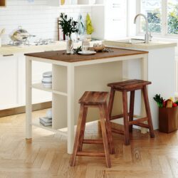 Solid Wood Rustic 3 Piece Stationary Kitchen Island Set With 2 Seatings, Rubber Wood Butcher Block Dining Table Set Prep Table Set With 2 Open Shelves For Small Places - Walnut / Cream White