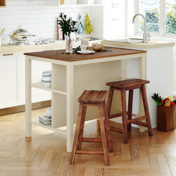 Solid Wood Rustic 3 Piece Stationary Kitchen Island Set With 2 Seatings, Rubber Wood Butcher Block Dining Table Set Prep Table Set With 2 Open Shelves For Small Places - Walnut / Cream White