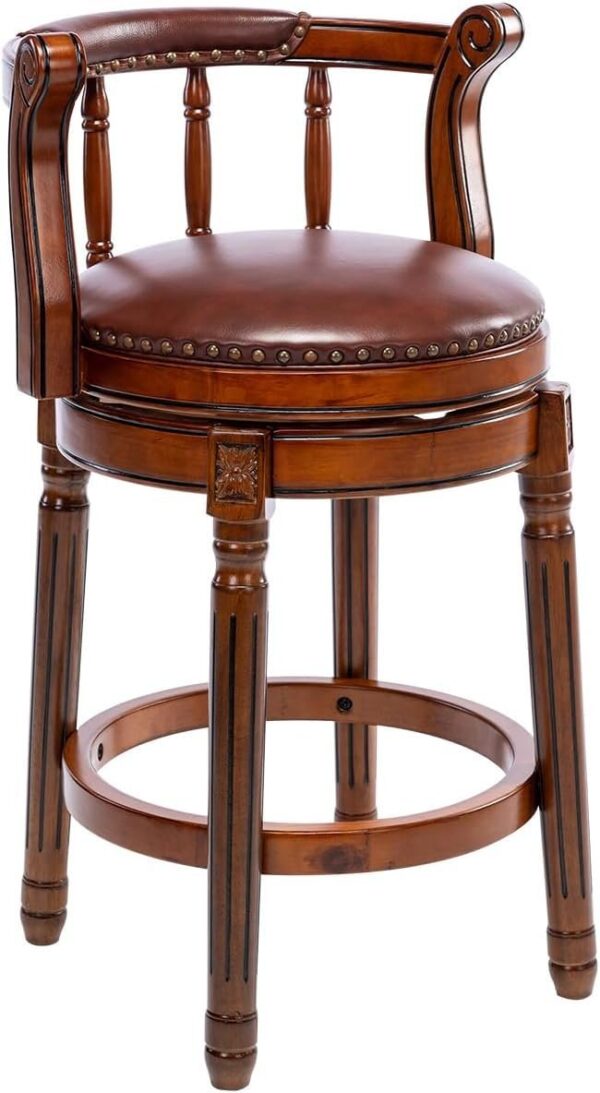26'' Swivel Cow Top Leather Wooden Bar Stool, 360 Degree Swivel Bar Height Chair With Backs For Home Kitchen Counter - Brown