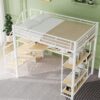 Full Size Metal Loft Bed With Storage Staircase And Small Wardrobe, Built - In Desk And Storage Shelves - White - Image 5