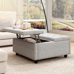 Large Square Storage Bench, Footstool With 2 Storage Doors, Mid - Century Modern Coffee Table For Living Room, Nailhead Inlay - Light Gray