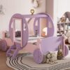 Twin Size Princess Carriage Bed With Crown, Platform Car Bed With Stair - Purple / Pink - Image 14
