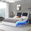 Queen Size Upholstered Platform Bed Frame With LED Lighting, Bluetooth Connection To Play Music Control, Backrest Vibration Massage, Curve Design, Wood Slat Support, No Box Spring Needed - White - Image 14