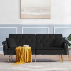 Velvet Tufted Sofa Couch With 2 Pillows And Nailhead Trim - Black