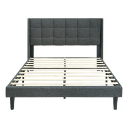 Queen Size Upholstered Platform Bed Frame With Button Tufted Linen Fabric Headboard - Dark Gray