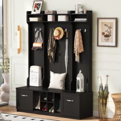 5 In 1 Entryway Bench With Coat Rack, 7 Sturdy Hooks, 2 Spacious Drawers And Adjustable Shelves, Wide Hall Tree With Metal Handles For Hallway - Black