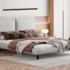 Queen Size Upholstered Platform Bed With 2 Large Headrests And Thick - Beige - Image 11