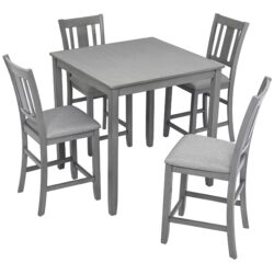 5 Pieces Dining Table Set, Wooden Dining Square Table Set For 4, Counter Height Kitchen Table Set With Square Table And 4 Upholstered Chairs For Small Space - Gray