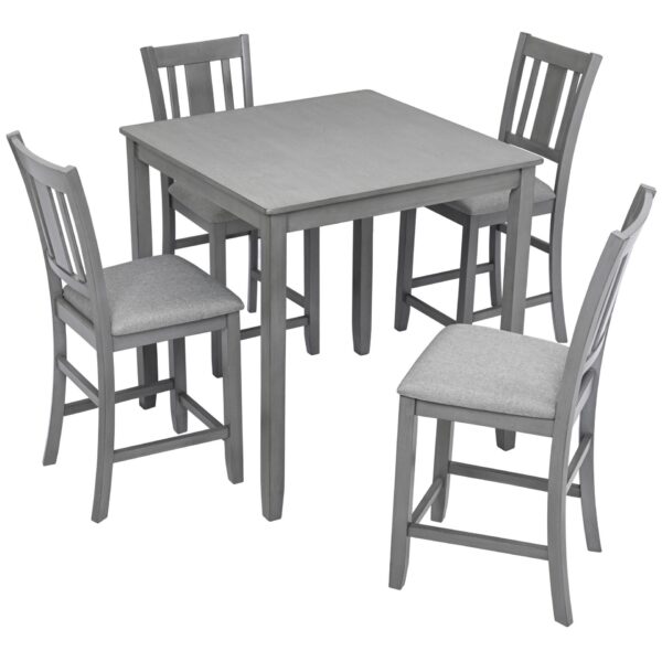 5 Pieces Dining Table Set, Wooden Dining Square Table Set For 4, Counter Height Kitchen Table Set With Square Table And 4 Upholstered Chairs For Small Space - Gray