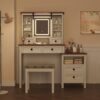 Farmhouse Makeup Vanity Desk With Adjustible LED Lighted Mirror And Charging Station For Bedroom, Dressing Vanity Table With Side Cabinet And Cushioned Stool - White - Image 21