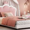 Twin Size Upholstered Princess Bed & Crown Headboard, Platform Bed With Headboard And Footboard - White / Pink - Image 12