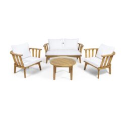 4 Pieces Acacia Wood Patio Furniture Set, Outdoor Furniture With Coffee Table, Patio Conversation Set Deep Seating With Soft Cushion, Porch Chairs For Backyard Porch Balcony - Teak / White