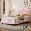 Twin Size Upholstered Flower-Shape Bed, Elegant Flowers Headboard With LED Light Strip, Sherpa Fabric Platform Bed With Slats Support - Pink - Image 16