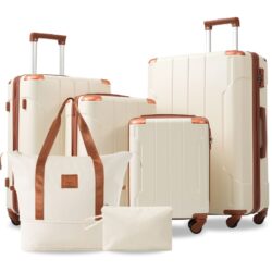 Hardshell Luggage Sets 6 Piece Suitcase Set, Expandable Lightweight Suitcases With Wheels, Tsa Lock - White Brown