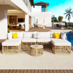 7 Pieces Outdoor Patio Furniture, All-Weather Rattan Sectional Sofa Set With Thick Cushions And Pillows, Freely Combined Conversation Sets For Garden, Backyard, Balcony - Beige